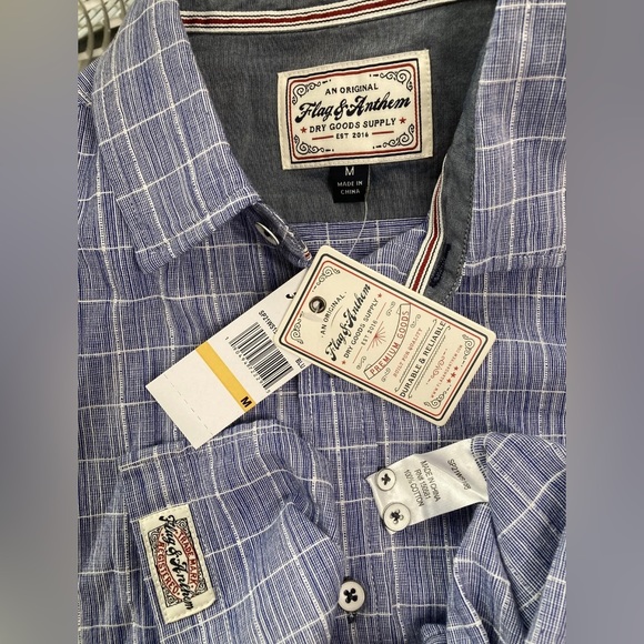 Flag & Anthem Mens Plaid Shirt Button Up Medium White Navy Blue Long Sleeve NWT - Picture 3 of 12